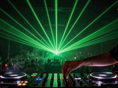 Close-up of a professional DJ hand adjusting a mixer knob under intense green strobe lights and laser beams, smoke swirling around the decks, high-contrast night club photography