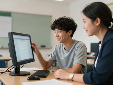 A bright, accessible classroom in East London. A student with low-vision uses a high-contrast screen with assistive technology, smiling, while an instructor guides them.