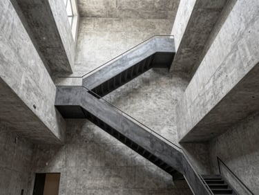 Interior of a soaring brutalist concrete residence with double-height ceilings and a dramatic floating steel staircase.