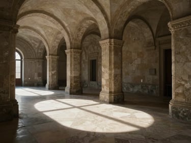 Cinematic interior view of a preserved Renaissance gallery, low-angle sunlight streaming through deep-set stone archways, casting long geometric shadows on honed travertine floors.