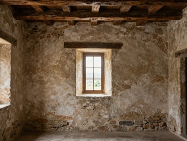 A centuries-old stone villa in southern Europe, weathered plaster walls, ancient hand-carved timber beams, soft morning light spilling through a deep window niche.