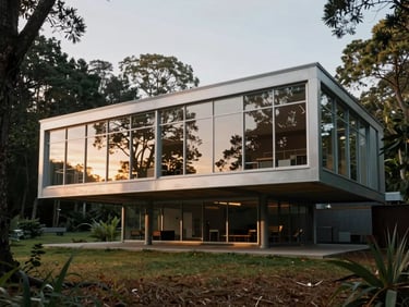 Wide shot of a mid-century modernist steel and glass residence, cantilevered over a quiet forest floor, golden hour light reflecting off clean glass panes.
