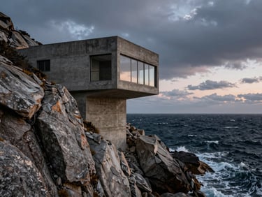 A brutalist concrete residence anchored into a rugged granite cliffside overlooking a dark, turbulent ocean, dramatic twilight sky.