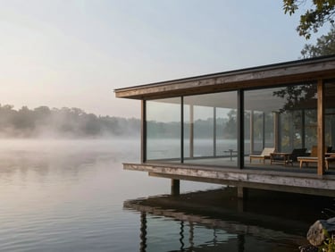 A minimalist glass-and-timber pavilion cantilevered over a quiet lake, morning mist rising from the water.