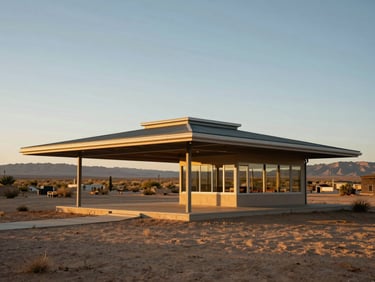 Exterior of a 1958 mid-century pavilion with flat roofline, nestled in desert landscape, golden hour light.