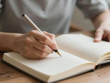 Close-up de una persona escribiendo en un diario con una pluma, luz natural, enfoque suave en las manos y el cuaderno.