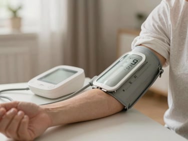 Persona de edad media midiendo su presión arterial en casa, con luz natural suave, enfoque en la mano y el dispositivo.