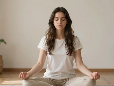 Mujer joven meditando en un espacio tranquilo, con luz suave, enfoque en su expresión serena.