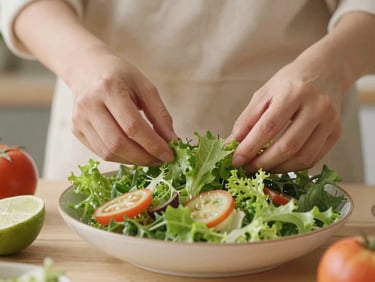 Primer plano de manos preparando una ensalada de vegetales frescos, con luz de día cálida, enfoque en los ingredientes.
