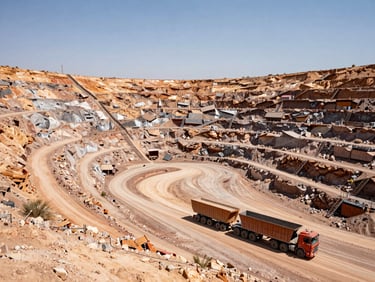 Wide shot of a massive copper mining pit under high-contrast desert sun, heavy haul truck in the background, sharp technical details.