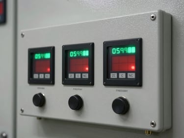 Macro shot of a specialized industrial fire suppression control panel, digital readouts, steel casing, sharp technical focus.