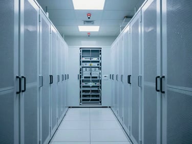Clean, clinical server room with rows of high-density racks, soft blue led lighting, clean agent discharge nozzles visible on the ceiling.