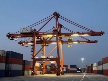 Industrial port terminal at dusk, giant container cranes, stacks of shipping containers, high-contrast safety lighting.
