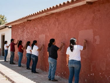 Local community members working together to paint a community center wall under bright Jalisco sunlight.