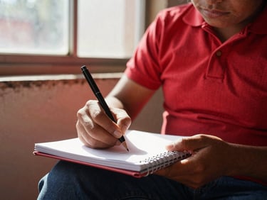 Close-up of hands of a Mexican student writing in a notebook, warm natural sunlight from a window, documentary style.