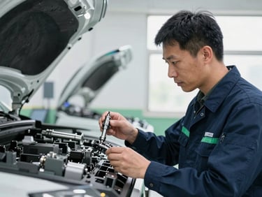 Professional quality inspector in a clean uniform examining automotive components under bright white industrial lighting, 35mm focus