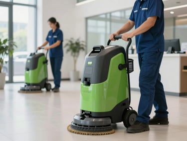 Professional cleaning staff in neat blue uniforms operating modern floor scrubbing equipment in a bright, spacious corporate lobby