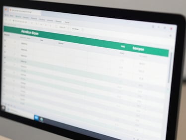 Clean organized financial spreadsheets on a modern monitor screen, close-up, sharp focus, neutral daylight