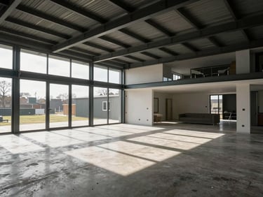 Finished premium interior of steel frame residence — open-plan living space with clean sightlines, exposed structural ceiling detail, polished concrete floor, strong north-facing natural light, geometric shadow play, no furniture styling, architectural documentation angle
