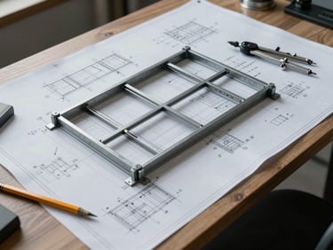 Wide architectural desk view of steel frame technical drawings and structural blueprints spread flat under cool north-facing studio light, precise line work visible, pencil and engineering compass resting at corner, graphite and white tones, top-down framing