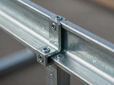 Extreme close-up of a steel frame structural joint — precision-cut galvanized steel profiles meeting at a corner, countersunk screws in exact alignment, metallic surface texture with directional studio light creating sharp highlight and shadow gradient, no background distractions