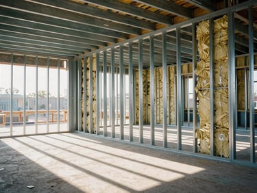Interior of steel frame building mid-construction — clean wall framing with installed insulation panels visible between steel studs, strong directional window light casting geometric shadow pattern across the floor, precise alignment of all elements, wide environmental angle