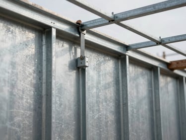 Close-up of galvanized steel frame wall panel being lifted into position on a clean construction site, bright natural light, no debris visible, precise fit of structural members, technical overhead framing angle, graphite and silver metallic tones