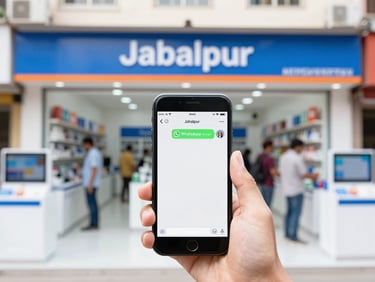 Bright high-key daylight photo of a busy retail storefront in Jabalpur, a mobile phone in the foreground showing an active WhatsApp chat with a customer inquiry, sharp focus.
