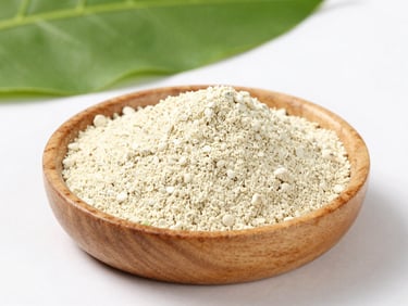 Fine makhana flour in a rustic wooden bowl, clean agricultural setting