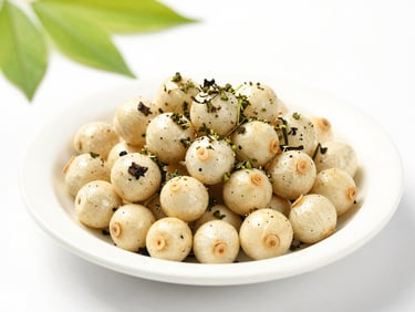 Gourmet seasoned makhana with natural herbs and spices, elegant presentation