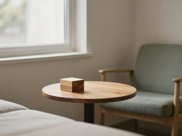Cozy and welcoming therapy office corner with soft natural light through a window, wooden blocks on a low table, comfortable chairs, warm neutral tones