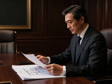 Dramatic side-lit portrait of a corporate lawyer reviewing architectural blueprints in a high-end boardroom, dark background, 35mm