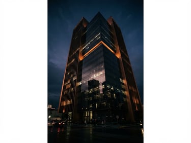 Low-key dramatic editorial photography of a modern commercial skyscraper in León, Guanajuato, sharp reflection on dark glass, deep shadows, bronze tones, 35mm.