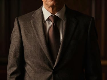 Low-key dramatic portrait of a senior litigation attorney in a bespoke tailored suit, deep shadows, cinematic lighting