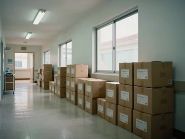 Wide environmental shot inside a Cuban clinic corridor, medical supply boxes stacked along the wall, fluorescent overhead light supplemented by daylight through a high window, no people present