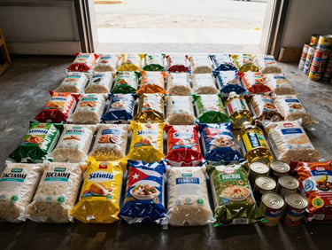 Overhead documentary shot of food packages — rice, oil, canned goods — arranged in rows on a warehouse floor at a Cuban distribution point, natural daylight from open loading doors, no people visible