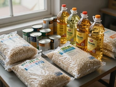 Overhead close-up of food packages — rice bags, canned goods, cooking oil bottles — arranged on a distribution table in a community space, overcast natural light through a window, no people, process documentation framing