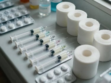 Close-up overhead shot of packaged medical supplies — syringes, sealed blister packs, gauze rolls — laid out on a clinic counter under flat natural daylight, no labels visible, documentary framing
