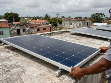 Close-up of a solar panel being mounted on a flat concrete rooftop in a rural Cuban neighbourhood, installer's hands visible gripping the frame, overcast sky above, weathered buildings in the background