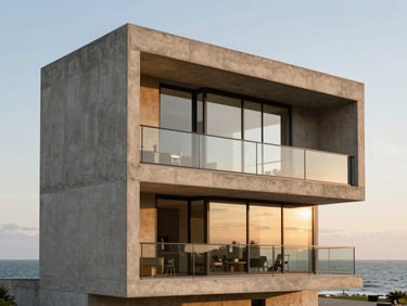 Minimalist concrete residential facade facing the sea in Porto Belo, warm sunset light reflecting on glass panels, architectural crop