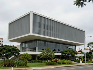 Modern architectural volume integrated with lush green urban planning in Joinville Cidade das Águas, diffused daylight, clean geometric lines