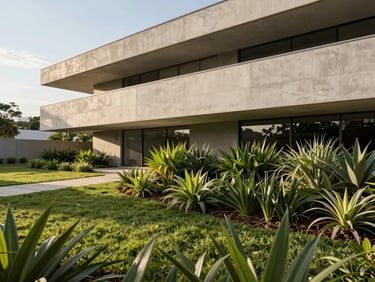 Modern architectural facade integrated with lush green landscaping in Joinville, Cidade das Águas, clean geometric concrete lines, soft morning light.