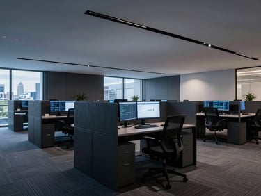 Wide architectural shot of a modern, clean, dark-toned tech office workspace in Buenos Aires, soft cool blue ambient light, minimal design with screens showing analytical data in the background.