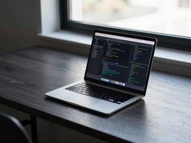 Sleek modern tech workspace in Buenos Aires, clean lines, steel and dark wood desk, soft cool light from a window, high-performance laptop showing code and data models