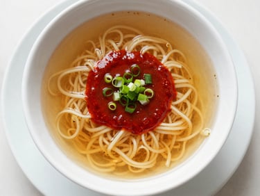 Minimalist overhead shot of ramen bowl, rich golden broth, vibrant red chili paste swirl, fresh scallions, soft daylight