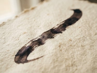 A close-up macro shot of heavy, textured parchment paper with a single stroke of dark ink, soft diffused window light, shallow depth of field, warm editorial tone.