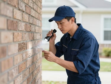 A professional pest control technician in a neat navy uniform inspecting a clean residential brick foundation with a flashlight in bright natural daylight, high-trust clinical-modern style, 35mm