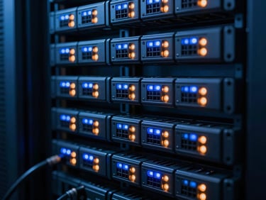 Extreme close-up of a clean structured cabling rack, perfect blue and orange LED status lights, dark high-tech server room, macro detail, 50mm lens