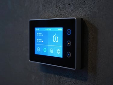 Extreme close-up of a flush-mounted smart home control panel on a dark concrete wall, glowing cyan interface, clean architectural integration, shallow depth of field