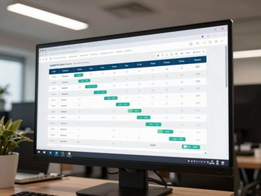Desktop screen showing a CRM dashboard with lead pipeline columns and follow-up timestamps, medium shot, real office environment, overhead fluorescent and window light, no staging
